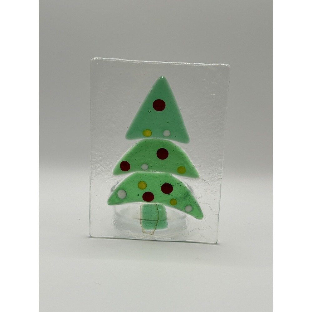 Handmade Fused‎ Art Glass Christmas Tree Tea Light Candle Holder 4.375" Tall